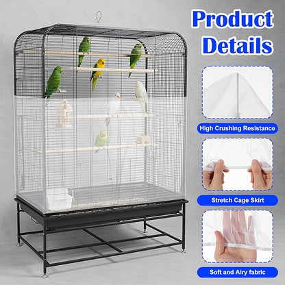 Grevosea Bird Cage Seed Catcher, Large Bird Cage Cover Stretchy Adjustable Nylon Mesh Birds Cages Net Skirt for Parrot Parakeet Macaw African Round Square Cages Accessories (White)