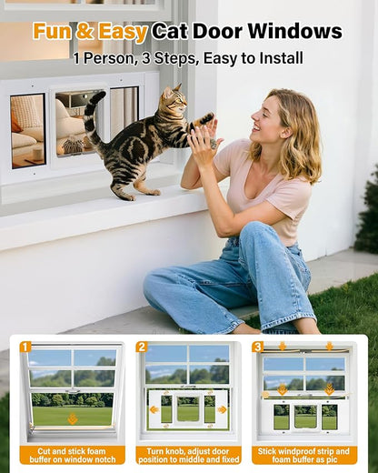 Cat Door for Window Weatherproof: Aluminum Frame Flap Pet Door Quick Fit Window Insert - Easy Adjustable to Fit Windows Width 23"-28" - 4 Secure Lock Modes with Magnetic Closure for Cats Doggy