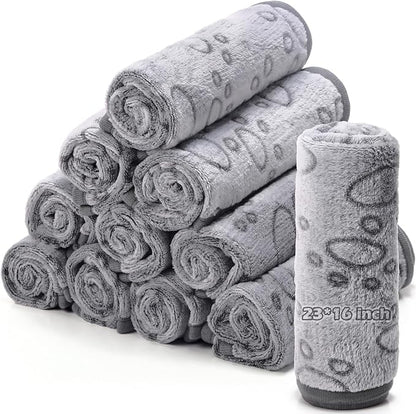 Tegeme 12 Pcs Pet Blankets Soft Fluffy Fleece Dog Cat Warm Paw Print Pattern Blankets Flannel Throw for Pets Dog Puppy Cat(23 x 16 Inch,Gray)
