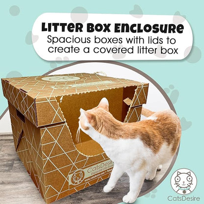 Cats Desire Litter Box - Disposable Litter Boxes for Cats (3 pcs) - Top/Low Entry & Enclosed Box - Teal on Natural Brown, Partially Recycled Cardboard, 17" L x 17" W x 15.25" H