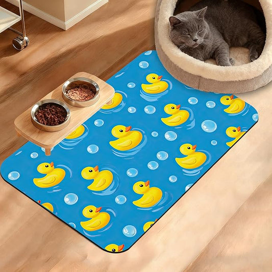 Yellow Rubber Ducks Dog Food Mat,Soap Bubbles Absorbent Pet Feeding Mat for Food and Water Bowl,Quick Dry Dog Placemat Non Slip Rubber Backing Waterproof Pet Supplies 16" x 24"