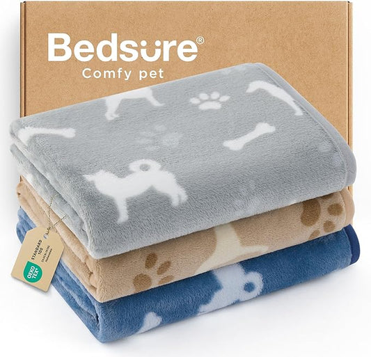 Bedsure 1 Pack 3 Pet Blankets, Super Soft Fluffy Premium Fleece Flannel Portable Throw Dog Blankets for Small Dogs, Printed Cat Puppy Blanket Grey/Brown/Blue Medium(30x40 inch)