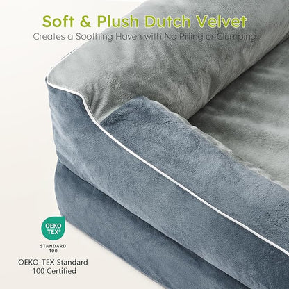 Dog Beds for Large Dogs, Orthopedic Dog Bed with Cooling Gel Memory Foam, Waterproof Large Pet Bed with Removable Washable Cover, 36" Pet Sofa Couch Dutch Velvet with Bone Toy, Dark Gray