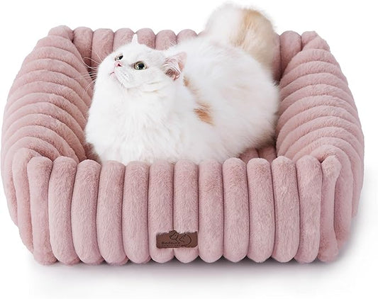 Bedsure ComfyFleece™ Cute Dog Bed for Small Dogs & Cats - Washable Furry Puppy Beds, Rectangle Orthopedic Corduroy Fleece Pet Beds with Removable Zipper Cover, 20x19x6inches, Blush Pink