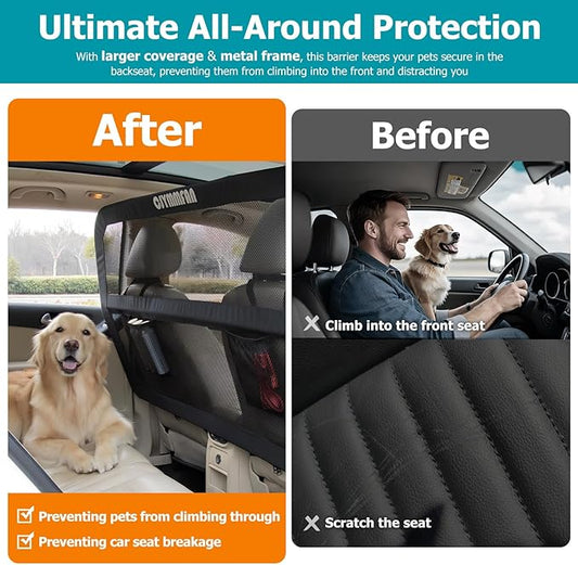 Dog Barrier for Car Back Seat & Cargo Area with Wider Coverage, Universal Fit for Car, SUV & Truck, Dog Car Divider with Chew-Proof Transparent Net and Sturdy Metal Frame for Backseat & Trunk