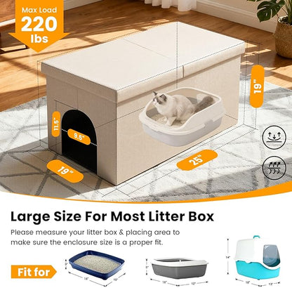 3-in-1 Cat Litter Box Enclosure with Odor Control, Multi-Functional Hidden Litter Box Furniture Bench, Dog Proof, Space-Saving Ottoman Cabinet with Flip-Up Lid, Storage Footrest, Beige