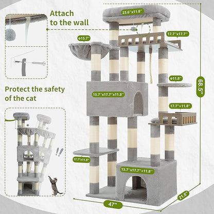 Maine Coon Cat Tree, Heavy Duty Cat Tree for Indoor Cats Large Adult, Cat Tower for Large Cats 20 lbs+ with Hammock, 2 Big Perches, 2 Cat Condos, 15 Scratching Posts, Light Gray GCT033W