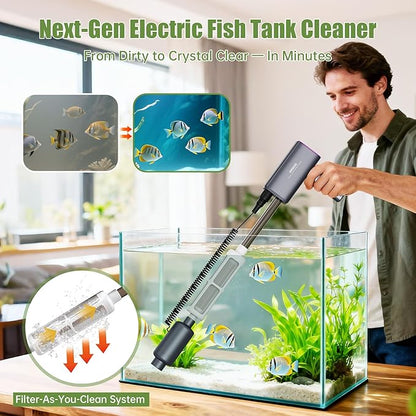 Cordless Aquarium Gravel Cleaner Vacuum: 6-in-1 Electric Fish Tank Cleaner, Rechargeable & Strong Suction Water Changer, Touch Control, Fits 5–150 Gallon Tanks