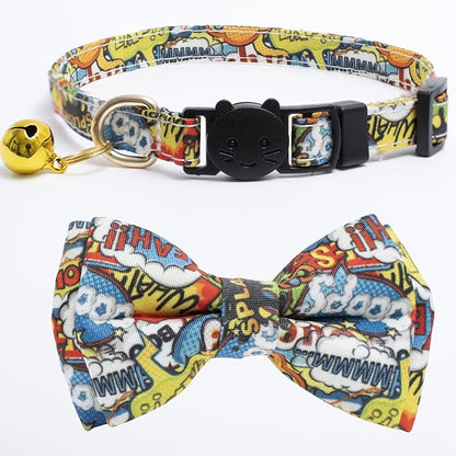 Faygarsle 2 Pack Cotton Designer Breakaway Cats Collar with Bow Tie and Bell Graffiti Style Cat Collars for Girl Female Boy Male Cat Collar with Bell Collars for Cats Purple Yellow