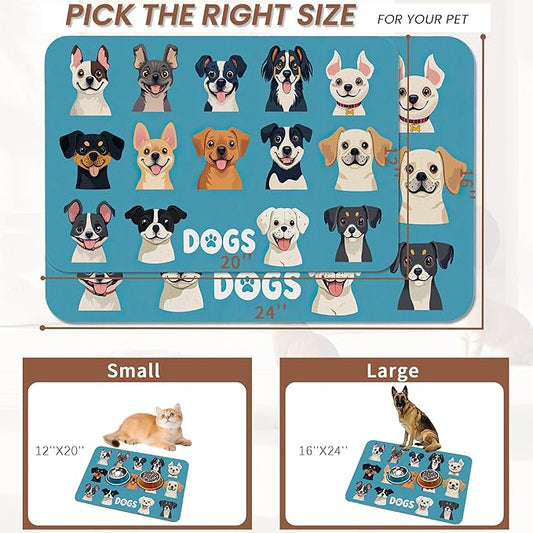 Cute Dog Cat Food Mat,Absorbent Pet Feeding Mat with Rubber Backing,Non-Slip Water Bowl Placemat,Indoor Pet Accessories Supplies 16"x24"