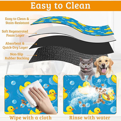 Yellow Rubber Ducks Dog Food Mat,Soap Bubbles Absorbent Pet Feeding Mat for Food and Water Bowl,Quick Dry Dog Placemat Non Slip Rubber Backing Waterproof Pet Supplies 16" x 24"