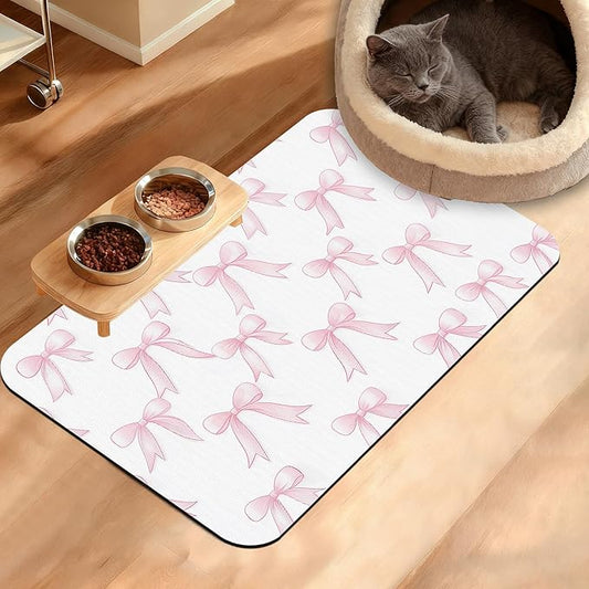 Pet Feeding Mat,Pink Bows Absorbent Dog Cat Food Mat Cute Dog Mat with Rubber Backing,Non-Slip Water Bowl Placemat,Pet Supplies 16" x 24"