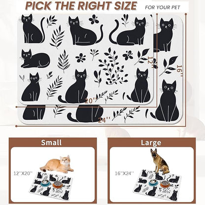 Cute Black Flower Dog Cat Food Mat,Absorbent Pet Feeding Mat with Rubber Backing,Non-Slip Water Bowl Placemat,Indoor Pet Accessories Supplies 16"x24"