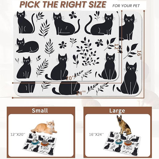 Cute Black Flower Dog Cat Food Mat,Absorbent Pet Feeding Mat with Rubber Backing,Non-Slip Water Bowl Placemat,Indoor Pet Accessories Supplies 16"x24"
