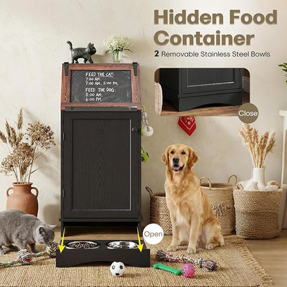 Flip-Top Dog Feeding Station, Dog Food Cabinet with Storage, Dog Food Station with Hidden Feeding Bowls, Pet Storage Cabinet, Dog Storage Organizer, Pet Food Holder, Black Oak Grain