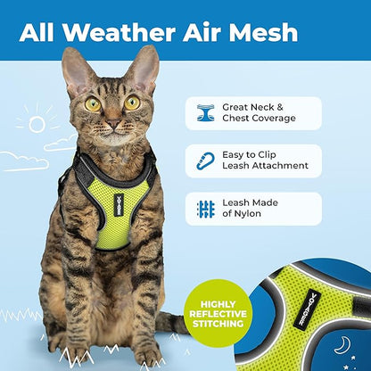 Voyager Escape-Proof Step-in Lock Cat Harness & 5ft Neoprene-Handle Leash Set All-Weather Mesh with Reflective Stitching for Small to Large Cats by Best Pet Supplies, Black Trim-Lime (327), XXS