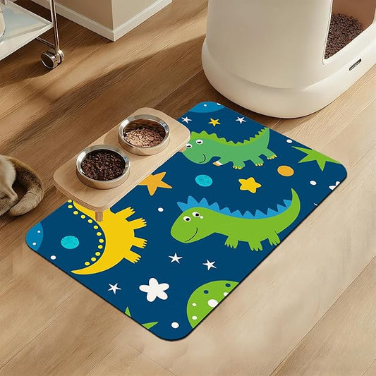 Cartoon Dino Pet Feeding Mat–Christmas Stocking Quick Dry Absorbent Dog Cat Food Mat, Non Slip Waterproof Bowl Placemat for Messy Eaters, Pet Accessories for Floors 12"x20"