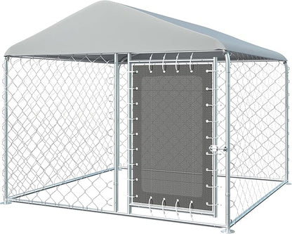 6FT x 6FT Outdoor Dog Kennel with Roof, Outside Dog Run Fence, Large Dog House Pen Enclosure with Secure Lock&Textilene Door