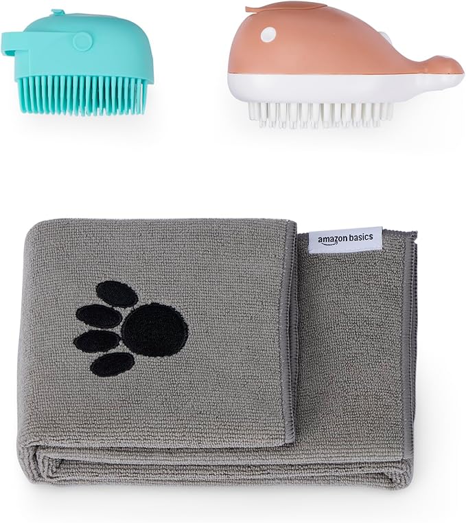 Amazon Basics Dog Bath Brush with Shampoo Dispenser and Fast Dry Towel, Blue and Orange, 3-Pack