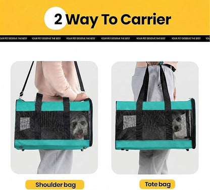 Cat Carrier Airline Approved, Soft-Sided Dog Carrier with Inner Safety Leash, Pet Transport Carrier for Small-Medium Cats Puppies up to 15 Lbs,Travel Kitten Carrier Bag -Turquoise,M
