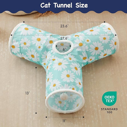 Tempcore Pet Cat Tunnel Tube Cat Toys 3 Way Collapsible, Cat Tunnels for Indoor Cats，Kitty Tunnel Bored Pet Toys Peek Hole Toy Ball, Puppy, Kitty, Kitten, Rabbit Daisy Blue Printed