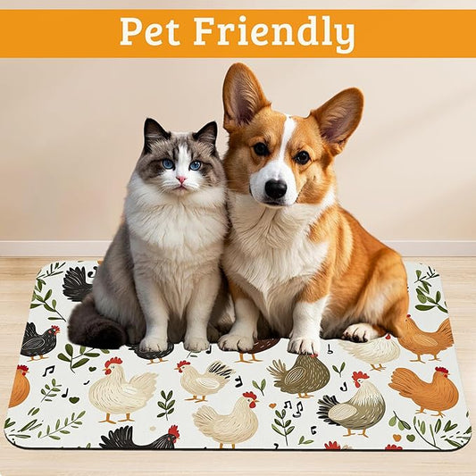 Dog Bowl Mat,Chickens Roosters Pet Feeding Mat for Floors Waterproof,Plants Leaf Absorbent Dogs Placemat for Food and Water Quick Dry Pet Cat Feeding Mats with Non Slip Bottom 16" x 24"