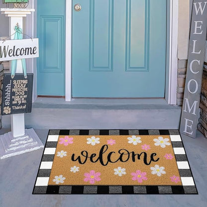 Tinideya 2 Pcs Spring Welcome Door Mat Outdoor Pink Flower Doormats for Front Door Non Slip Floral Layered Coir Mat Black White Check Spring Rug for Outside Front Porch Entryway Decor