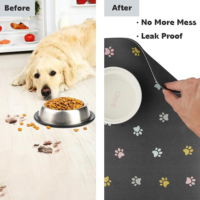 Cat Food Mat Absorbent Dog Mat for Food and Water Non Slip Quick Dry Dog Bowl Mats for Floors 19" X 12" Paw Dark Gray