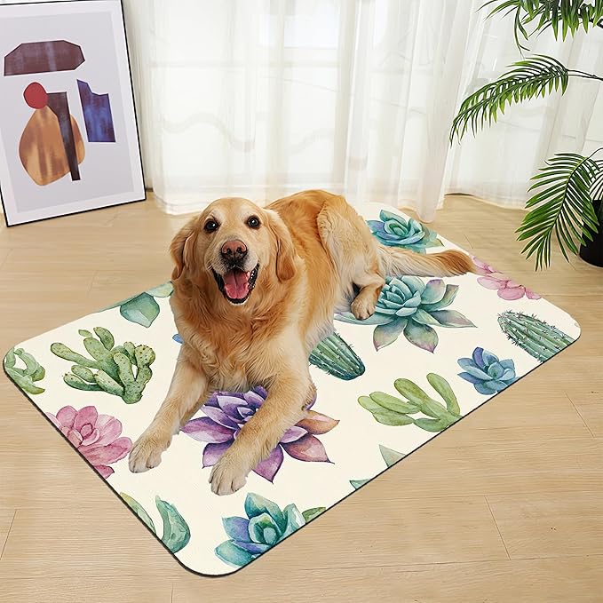 Cactus Flower Pet Feeding Mat for Floors–Christmas Stocking Absorbent Quick Dry Dog Cat Bowl Mat for Food and Water, Non Slip Waterproof Base, Mess-Free Feeding Accessories 16"x24"