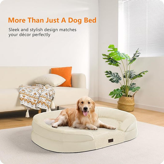 Dwanton Orthopedic Dog Bed for Large Dogs with Gel Memory Foam, Waterproof Dog Sofa, Washable Pet Bed with Four Sided Bolster Cushion, Removable Cover & Non-Slip Bottom, 42", Beige