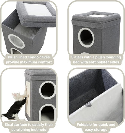 Trixie Saul Cat Condo | 2-Story Condo Tower | Scratching Surface | Foldable for Easy Storage | Gray