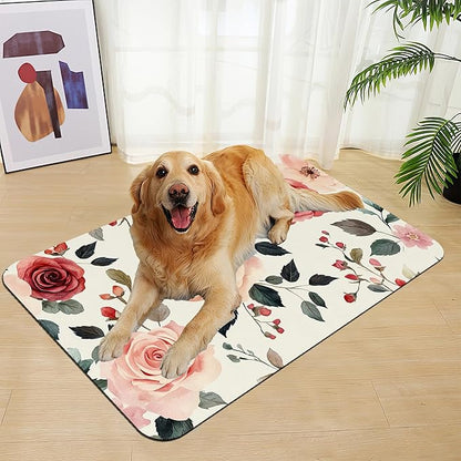 Pink Flower Leaf Pet Feeding Mat–Christmas Stocking Quick Dry Absorbent Dog Cat Food Mat, Non Slip Waterproof Bowl Placemat for Messy Eaters, Pet Accessories for Floors 16"x24"