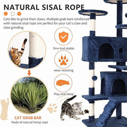 Cat Tree for Indoor Cats, Multi-Level Cat Tower with Scratching Posts & Cozy Condo, Space Saving Cat Activity Center, Durable Pet Play House (54in,Navy Blue)