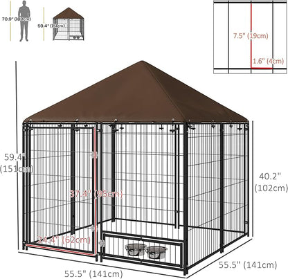 PawHut Outside Dog Kennel, 4.6' x 4.6' x 5' Puppy Play Pen with Canopy, Garden Playpen Fence Crate Enclosure Cage Rotating Bowl, for Dogs, Chickens, Ducks, Black