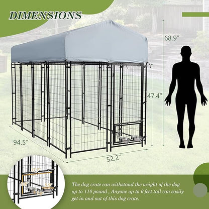 Grepatio Outdoor Dog Kennel for Large Dogs, 8x4x5.7 FT Dog Enclosure with Waterproof, Heavy Duty Welded Wire Steel Dog Playpen Fence with 2 Rotating Dogs Bowls, Outside Dogs Cage Run with Secure Lock
