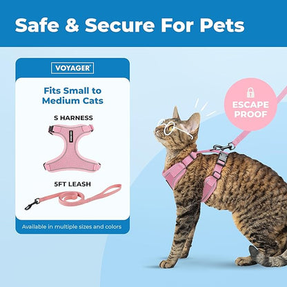 Voyager Escape-Proof Step-in Lock Cat Harness & 5ft Neoprene-Handle Leash Set All-Weather Mesh with Reflective Stitching for Small to Large Cats by Best Pet Supplies, Pink (327), M