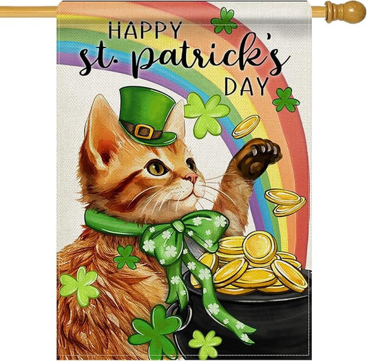 Dyrenson Happy St Patricks Day Orange Cat 28 x 40 House Flag Double Sided, Pet Rainbow Pot of Gold Garden Yard Decoration, Spring Irish Shamrock Clover Burlap Outdoor Decor Decorative Large Flag