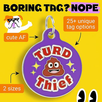 Bad Tags Personalized Dog and Cat ID Tags in 25+ Designs and 2 Sizes - 5 Lines of Custom Engraved Text - Funny Cute Personalized Pet Tags (Turd Thief, Large (1.25 inch))