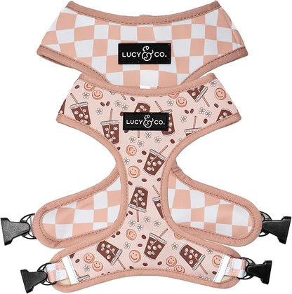 Lucy & Co. Cute Reversible Dog Harness Walking Halter - Best Designer Pet Harnesses for XS - XL Dogs - Padded Adjustable Vest for Easy Walking. (Iced Coffee SZN Reversible Harness).