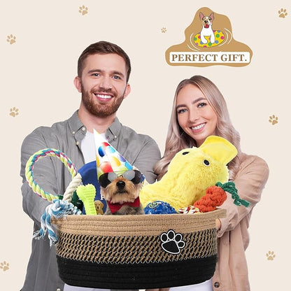 Zopeal Puppy Dog Toy Gift Storage Basket with Dog Toys Set Chew Toys Birthday Gift Basket Teething Interactive Squeaky Duck for Teething Small Medium Large Dogs(Black)