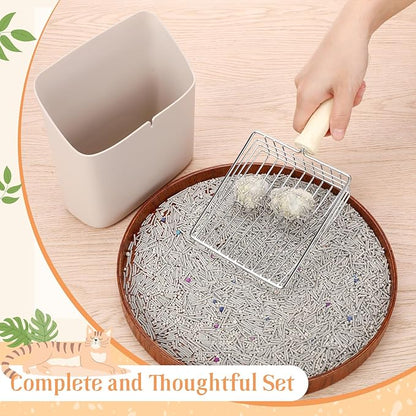 Cat Litter Scooper Kit Wooden Handle Metal Cat Litter Scoop Includes Small Broom and Dustpan Set Portable Cleaning Brush and Dustpan Combo Kitty Litter Scooper(Coarse Grid,Gray)