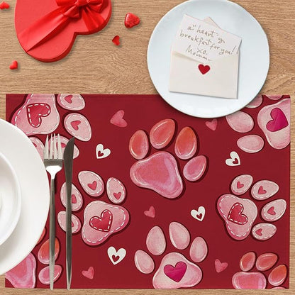 Valentines Day Dog Cat Paw Prints Placemats Set of 4, Pink Red Love Hearts Dining Place Mats Table Decor Pet Lover Gifts, Anniversary Wedding Home Kitchen Decoration 12 x 18 Inch