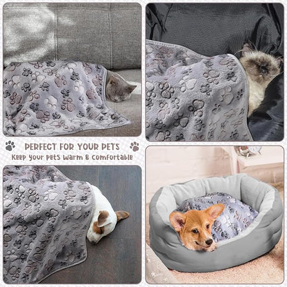 Tegeme 8 Pcs Fleece Dog Blankets for Small Dogs Cat Soft Coral Velvet Warm Sleep Mat Fluffy Dog Paw Print Blanket for Kitten Doggy Small Animal(24 x 16 Inch,Gray)