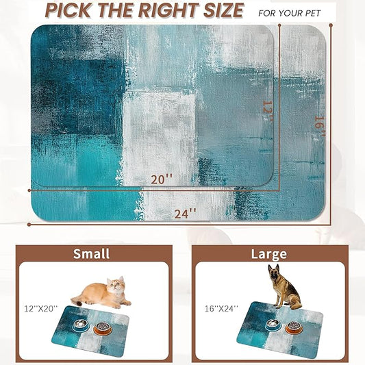 Turquoise Grey Dog Cat Food Mat,Teal Modern Art Absorbent Pet Feeding Mat for Food and Water,Non-Slip Dog Bowl Mats Floor Protector 12"x20"