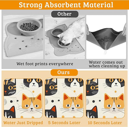 Cats Dog Cat Food Mat,Absorbent Waterproof Placemat for Food and Water Non Slip Rubber Backing Durable Feeding Pad for Clean Floors 16" x 24"
