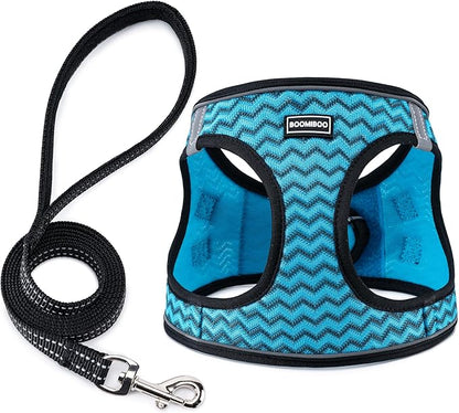 BOOMIBOO Dog Harness with Leash Set, No Pull Adjustable Reflective Step-in Puppy Pet Vest Harnesses for Small Medium Large Dogs and Cats,Blue Stripe M