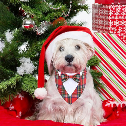 ADOGGYGO Christmas Dog Tuxedo Bandana, Red Plaid Pet Chritstmas Collar with Bowtie, Adjustable Christmas Costume for Small Dogs Pets (S)