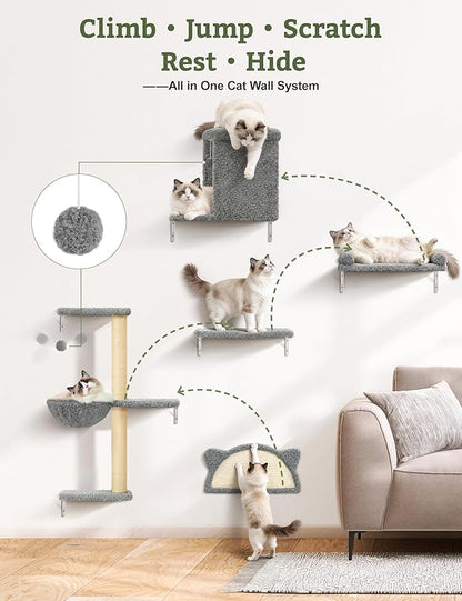 5-in-1 Cat Wall Shelves, Solid Wood & Velvet & Sisal Scratcher, 44lbs Max Load, Wall Mounted Cat Furniture for Climbers, Cat Climbing Wall System, Fits Drywall & Solid Walls - Cool Gray