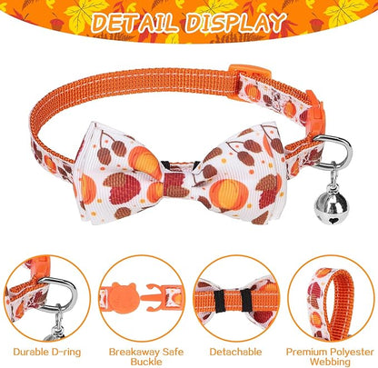 SCENEREAL Fall Thanksgiviing Cat Collar Breakaway Girl Boy, 3 Pack Turkey Pumpkin Pattern Adjustable Kitten Collars with Bell, Holiday Cute Cat Collars with Bowtie and Safety Buckle