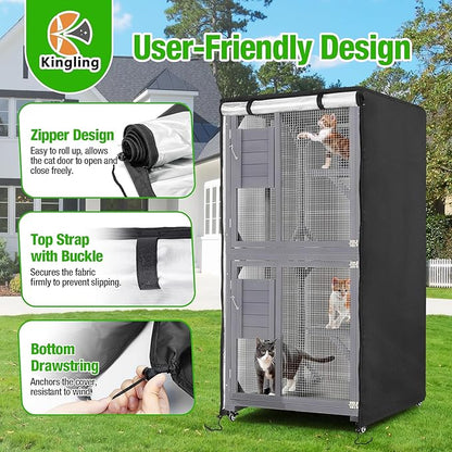 Kingling Outdoor Cat House Cover, Waterproof and Dustproof Protection Cover for Large Cat Cage Condo/Cat House Cover Black(Cover Only) - 32" L x 32" W x 71" H inch